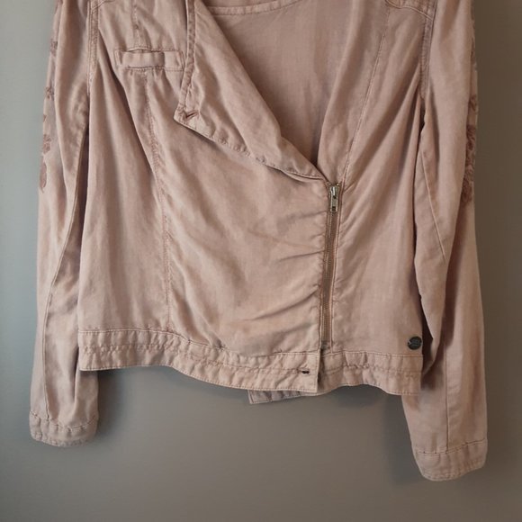 DiDi Women's 100% Linen Embroidered Moto Blazer Blush Beige Size Large - Picture 3 of 14